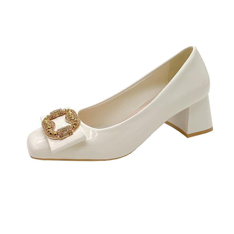 Fashion 2025 Bling Big Crystals Round Buckle Chunky Heels Pumps Women Shoes Dark Green Fashion and Leisure Pointed Toe Pumps