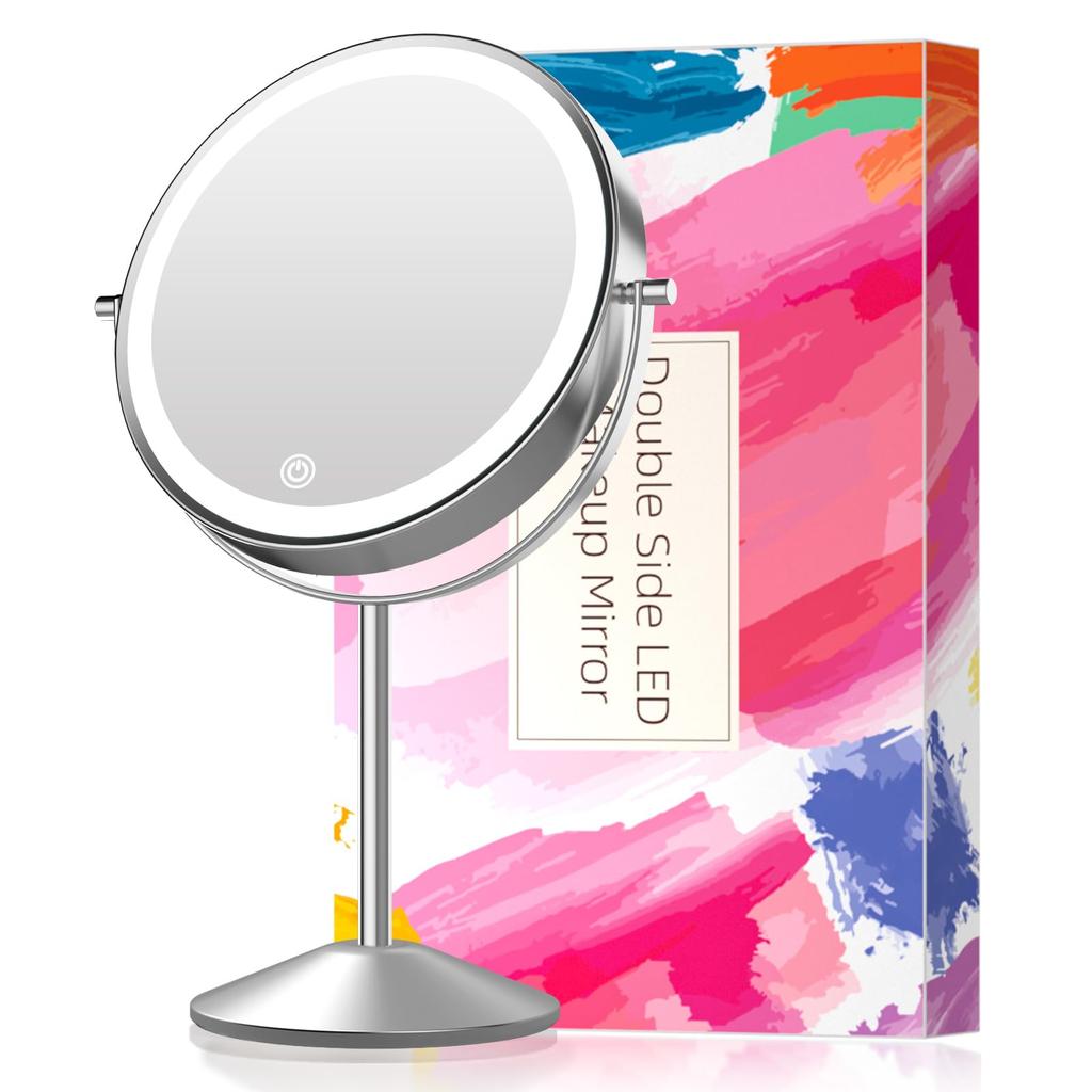 FASCINATE Makeup Mirror with 1x and 10x USB Brightness Touch Tabletop Stand Mirror Light, Magnification, Rechargeable, Adjustment, Control, 360-Degree