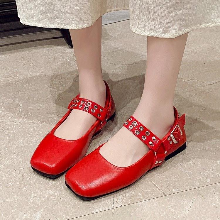 Haute couture version~ French square head shallow mouth Mary Jane shoes women's new metal buckle flat bottom retro one-word buckle small leather shoes