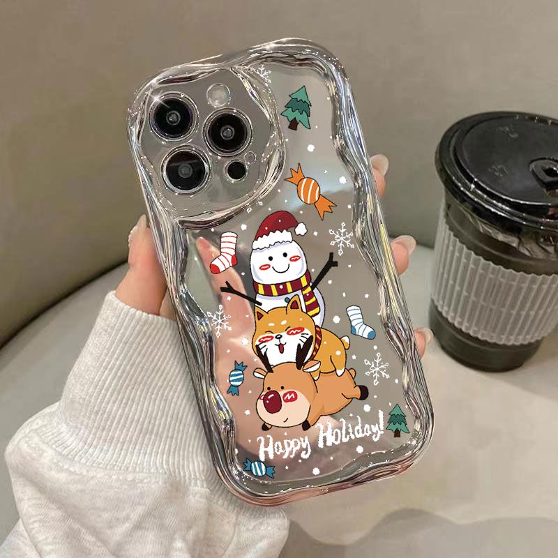 Roztomilý Merry Christmas Pattern Mirrror Shockproof Phone Case pro iPhone 15 Pro Max 14 13 Pro 12 11 Wave Frame Ochrana čočky Lesklé pokovování měkký kryt