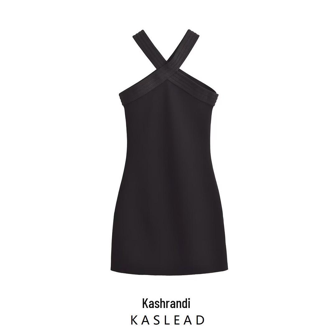 

2025 Spring Women s European & American Style Stretch Halter Neck Sleeveless Short Dress Small