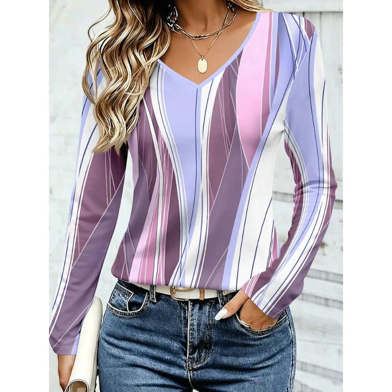 Women's Autumn and Winter 3D Color Striped Printed V-Neck Long Sleeve T-Shirt