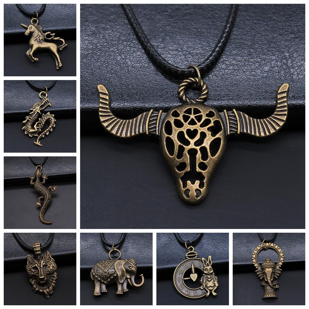Animal Black Leather Necklace Elephant Wolf Dragon Horse Gecko Lizard Pendant Necklace For Women Men Boy Girls