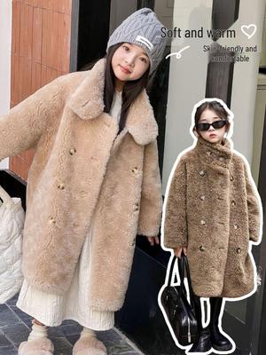 Korean Style All Wool Girls' Long Lambswool Coat with Stand-up Collar