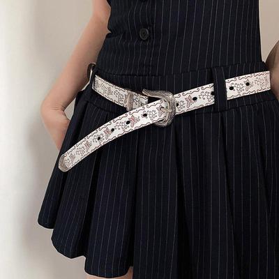 American Retro Y2K Embossed White Leather Belt for Women - 2025 Trendy Accessory