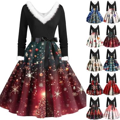 Kadın Günlük Moda Peluş V Yaka Noel Baskılı Elbiseler Elbiseler