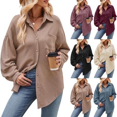 Single Breasted Pocket Waffle Fashion Shirt 2023 Women's Autumn and Winter New European and American Casual Loose Tops