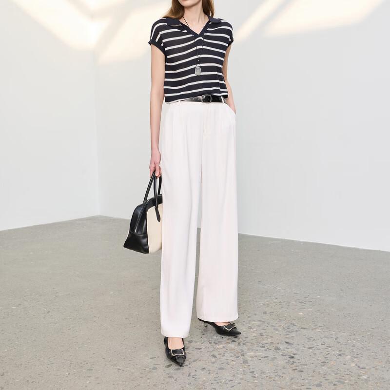 Sancai Women s Ivory Pleated High-Waist Straight-Leg Pants S