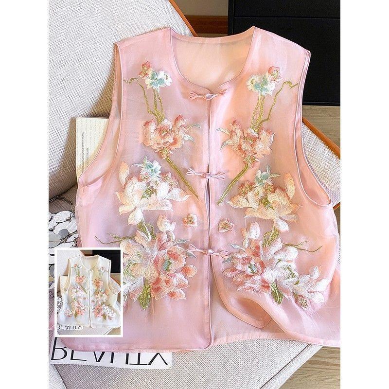 Summer Embroidered Vest Vest Women's High-end Sense Niche Stand-up Collar Buckle Sleeveless Vest Top Women
