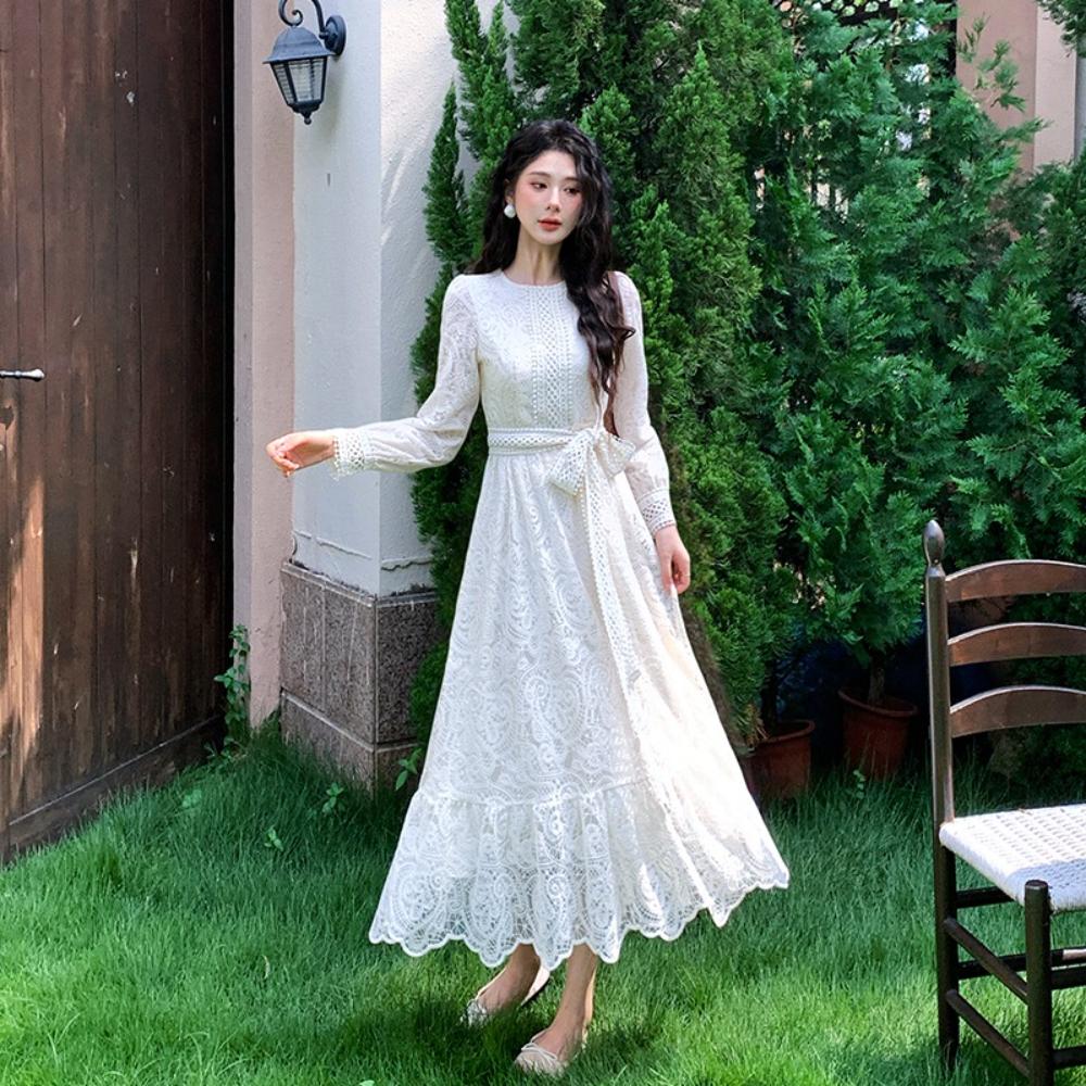 Elegant Crochet Lace Prom Party Dress Women's O Neck Long Sleeve Embroidery Flower Hollow Out A-Line Long Dress