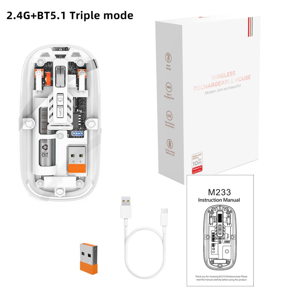 The Third Mock Examination Transparent Mouse 2.4G Wireless And BT5.1 Rechargeable Built-in 500mA Lithium Battery Mute