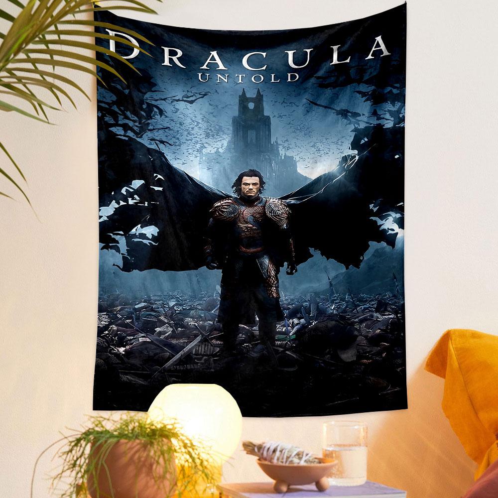A dark-clad warrior stands amid bats and debris, castle in the background. Patterned tapestry for bedroom and living room home decor