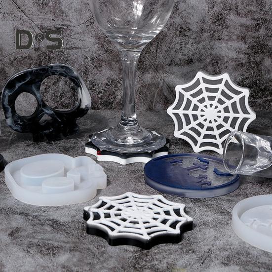 Halloween Coaster Resin Mold Skull Spider Web Tombstone Shape DIY Craft Epoxy Resin Casting Silicone Candle Cup Holder Candle Mould