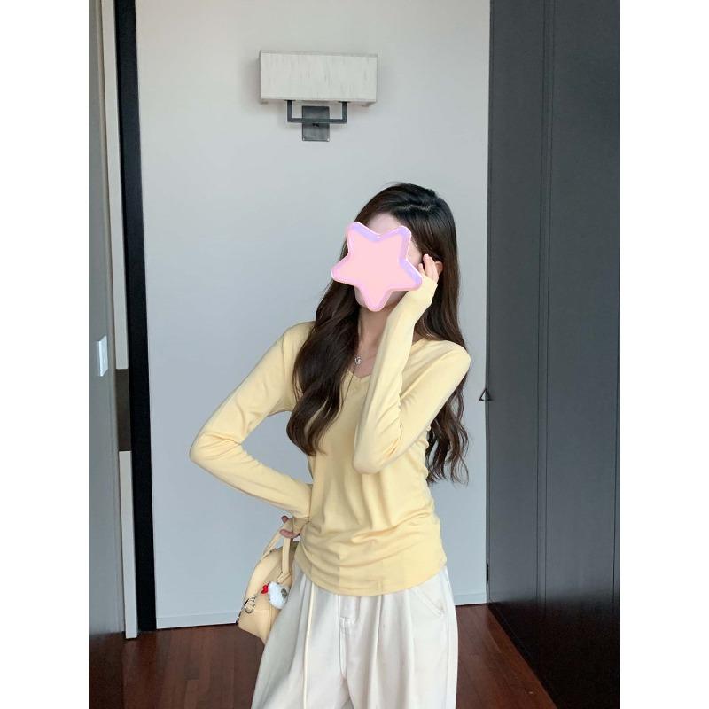 Neck bright yellow thin long-sleeved shirt women's bottoming shirt autumn slim fit pure desire style thin inner basic top