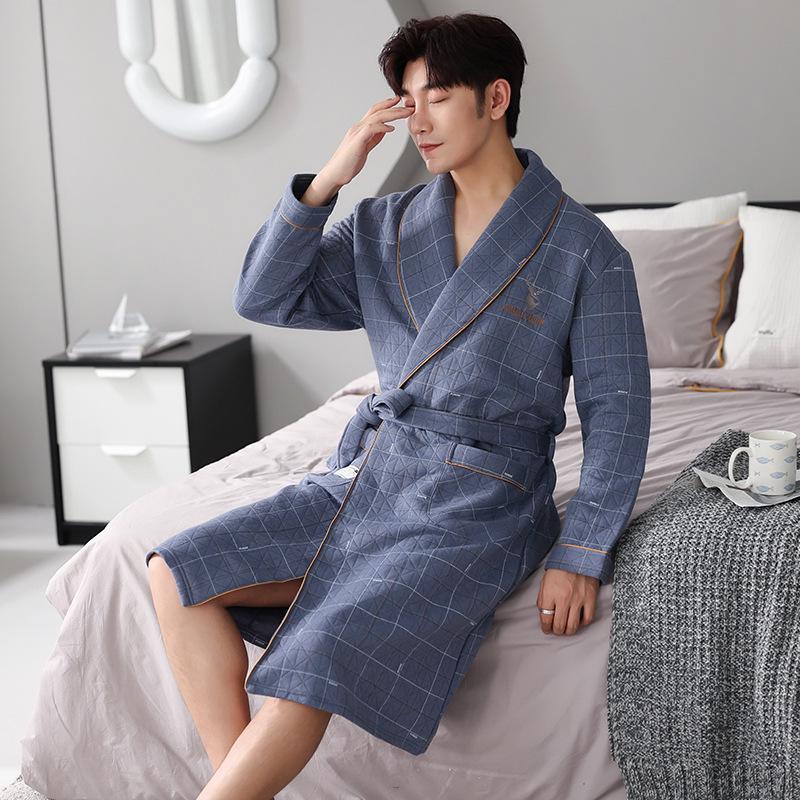 Men's Long Cotton Pajamas & Bathrobe - Thick, Three-Layer for Winter & Spring