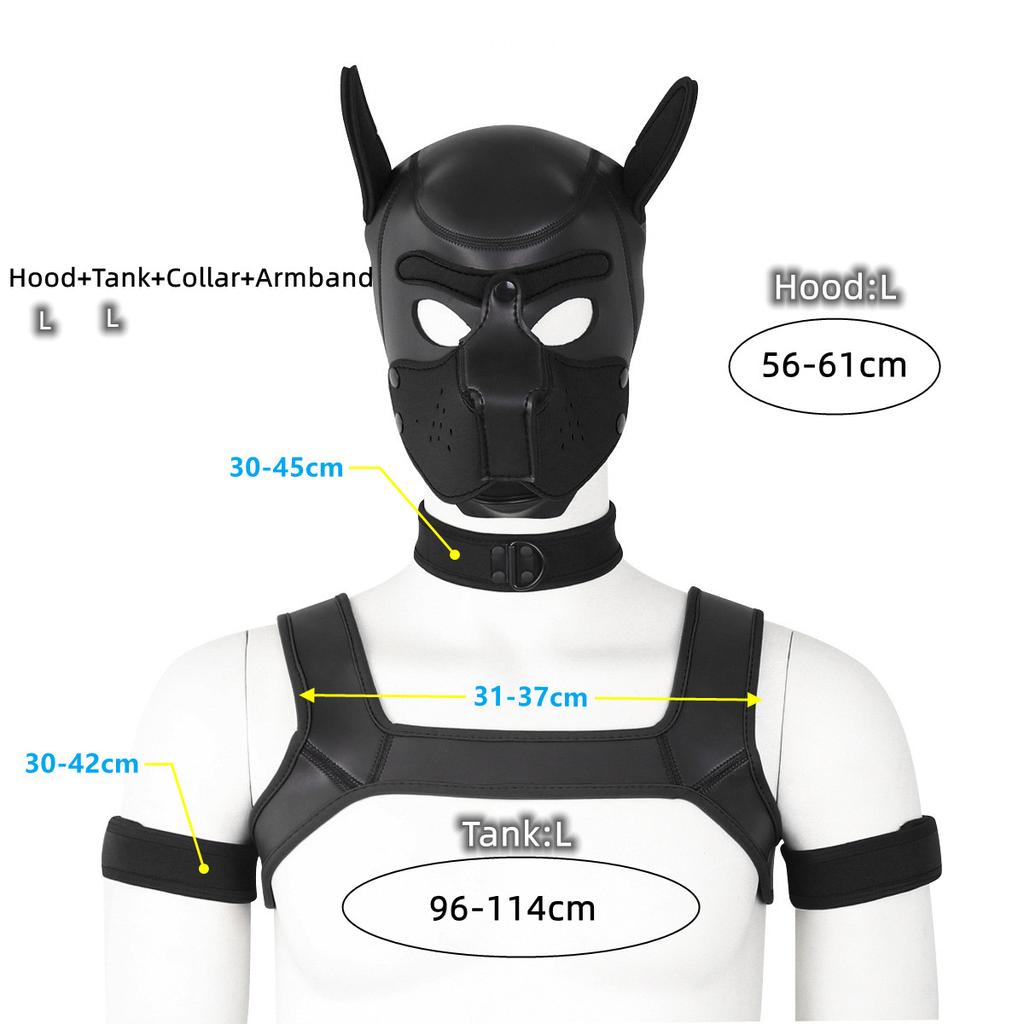 XL Large Size Cucciolo Cosplay Neoprene Fetish Hood Maschera Kit con fascia toracica Collare Fascia da braccio Costumi sessuali per BDSM Ruolo schiavo