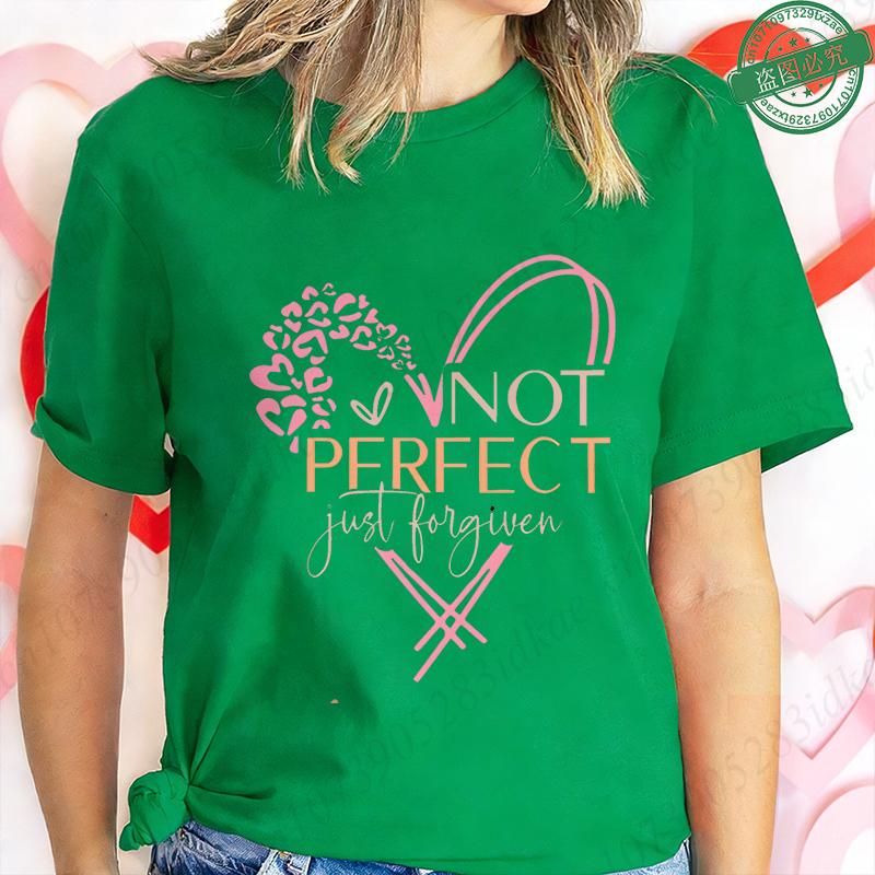 Nicht Perfekt Nur Vergeben T-Shirt für Damen Herz Kreuz Grafik T-Shirt Lässige Kurzarm O-Ausschnitt Oberteile Inspirierendes Christliches Geschenk