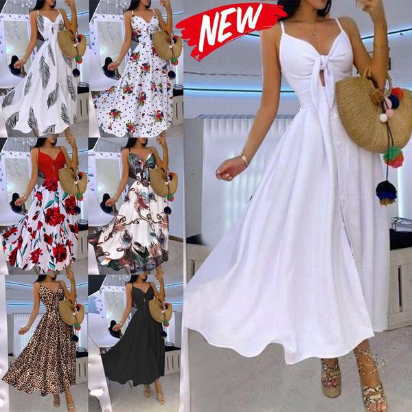 Fashion Dresses Women's Deep V-neck Sleeveless Maxi Casual Strap Bohemian Dresses Beach Wear
