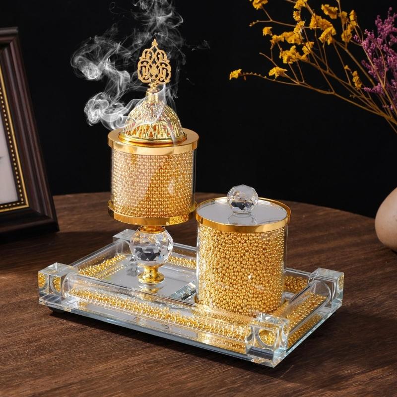 Glass Incenses Diffuser Set With Metal Frame Tray Storage Jar and Tongs Fragrances Censers Home Decoration Ornament