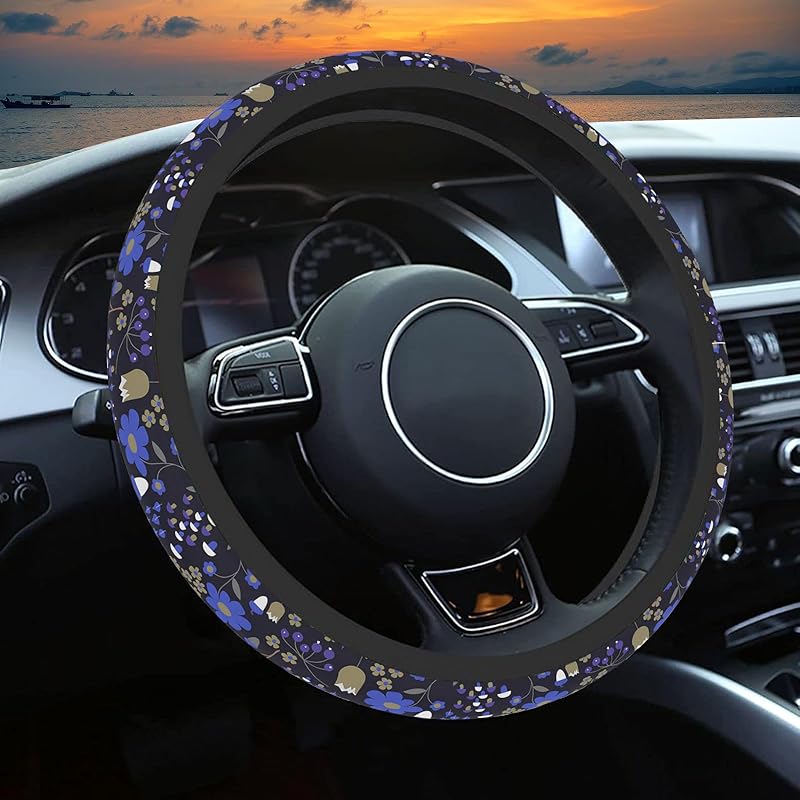 Wildflower Car Steering Wheel Cover, Flower Car Accessory For Diverse Cars, Cute Floral Print Steering Wheel Cover Protector For Women, For Steering