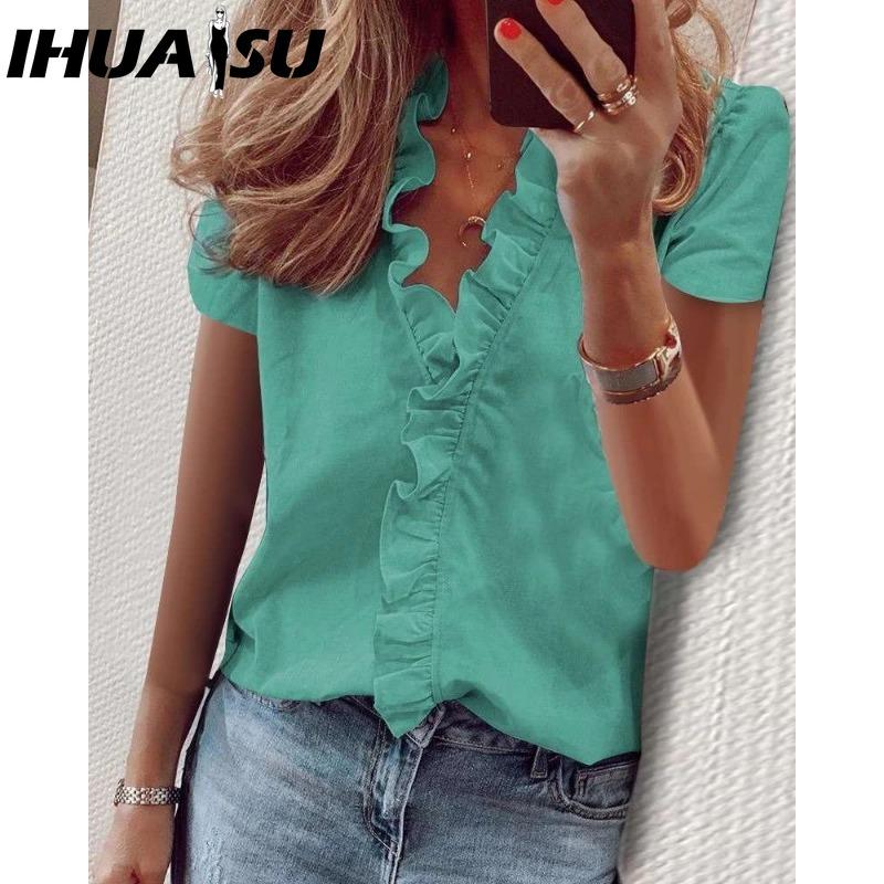 IHUASU Women's Fashion Casual Solid Color Print Short Sleeve V Neck Blouses & Shirts