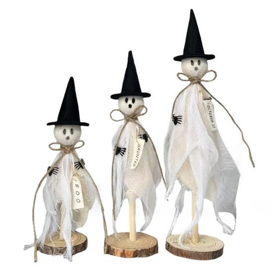 3Pcs Ghost Ornaments Wooden Halloween Decorations Adorable Shape Fabric Ghost Figures Table Decor Party Supplies