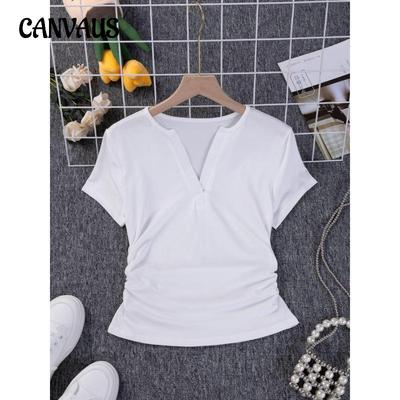 Women's Side Pinch Pleat Waist Closing Scissor Neck V-Neck Stretch Cotton Solid Colour Peplum Summer Short Sleeve T-Shirt