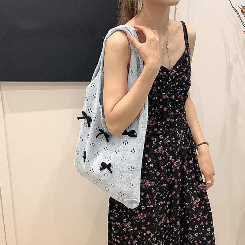 Aesthetic Knitted Bag Women Hollow Out Crochet Bow Handbag Large Capacity Handmade Tote Bag Summer Beach Woven Shoulder Bag