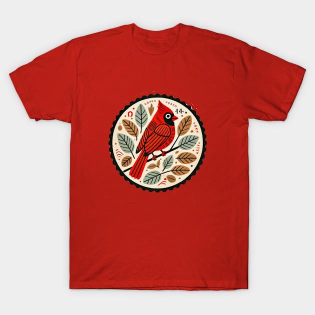 Men Black Print T-shirt Vintage Folk Art Cardinal Bird Illustration No-Cut Transfer Paper Print Cotton Tshirt M красный