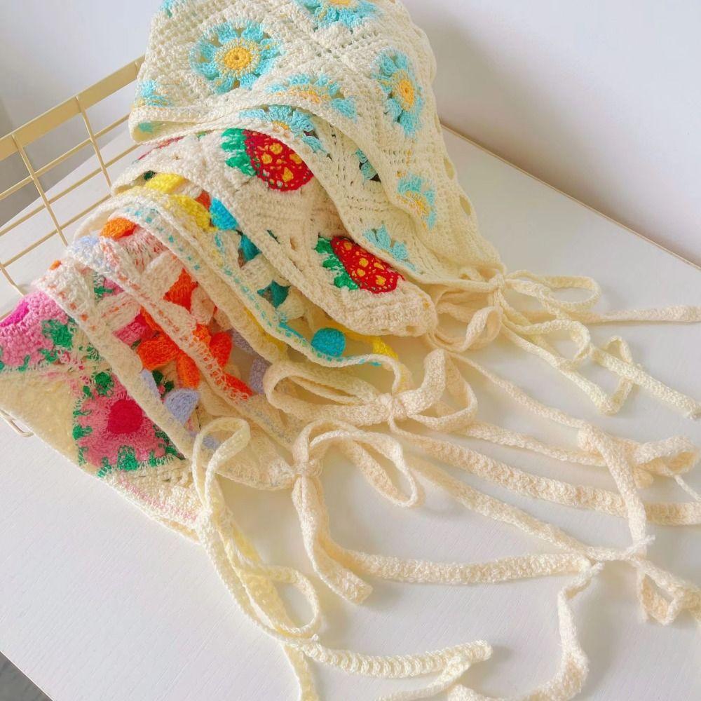 Knitted Girl Flower Headscarf French Pastoral Style Beach Vacation Hair Access Triangle Headband