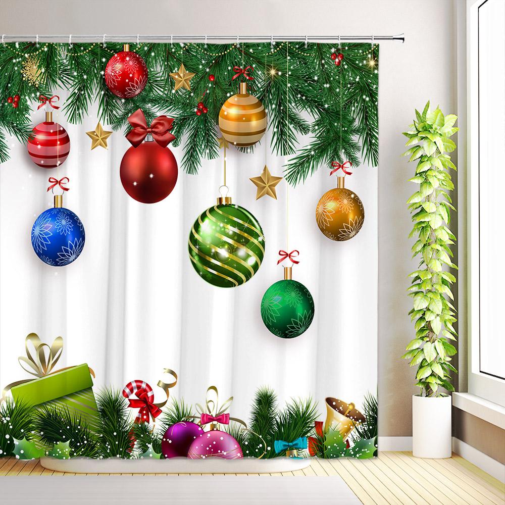 Winter Christmas Shower Curtain Red Xmas Balls Snowflake Snowman Snow Scenery Reindeer Farmhouse Bathroom Decor Fabric with Hook 35x70inch-90x180cm