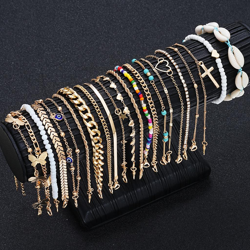 Fashion Chic Multi-Design Anklet Set For Women Elegant Vintage Evil Eye Cross Heart Charm Colorful Bead Anklets Beach Jewelry