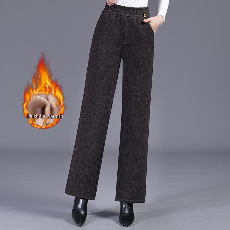 2025 Autumn/Winter Women's Solid Elastic Waist Straight-Leg Pants, Plus Velvet Thickened for Warmth, Ideal for Middle-Aged Mothers
