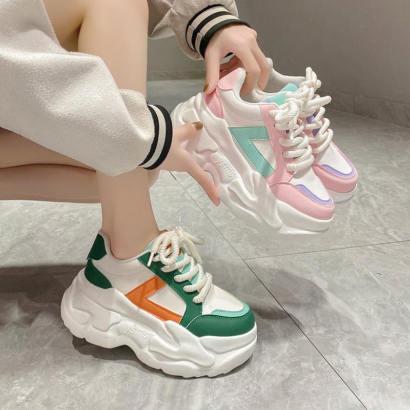 Women New Autumn Fashion Hidden Heels Sports Dad Shoes  Spring Platform  Leather Sneakers