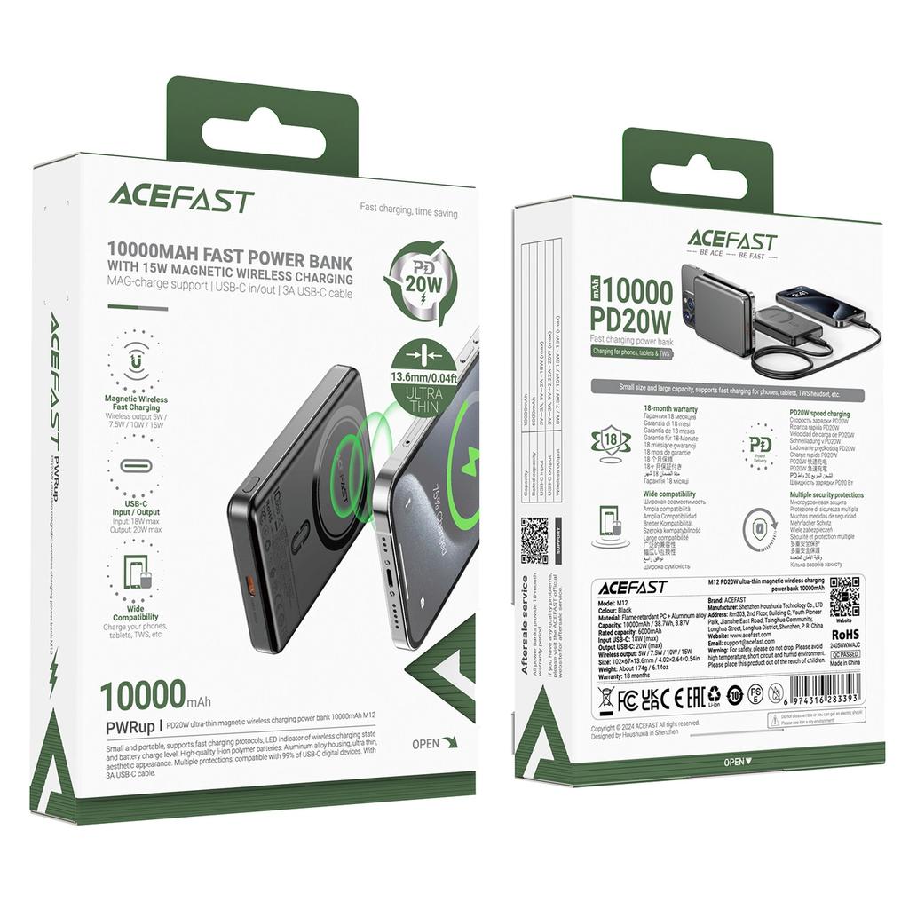 Powerbank Acefast M12-10000 Pd20W Ultra-Cienki, Zgodny Z Magsafe - Czarny
