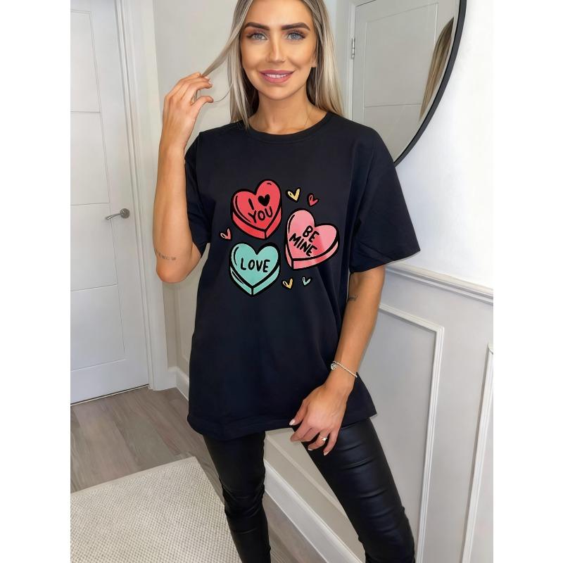 Black Oversized T-Shirt With Heart Candy Print I Love You Be Mine Valentine's Day Casual Wear For Women