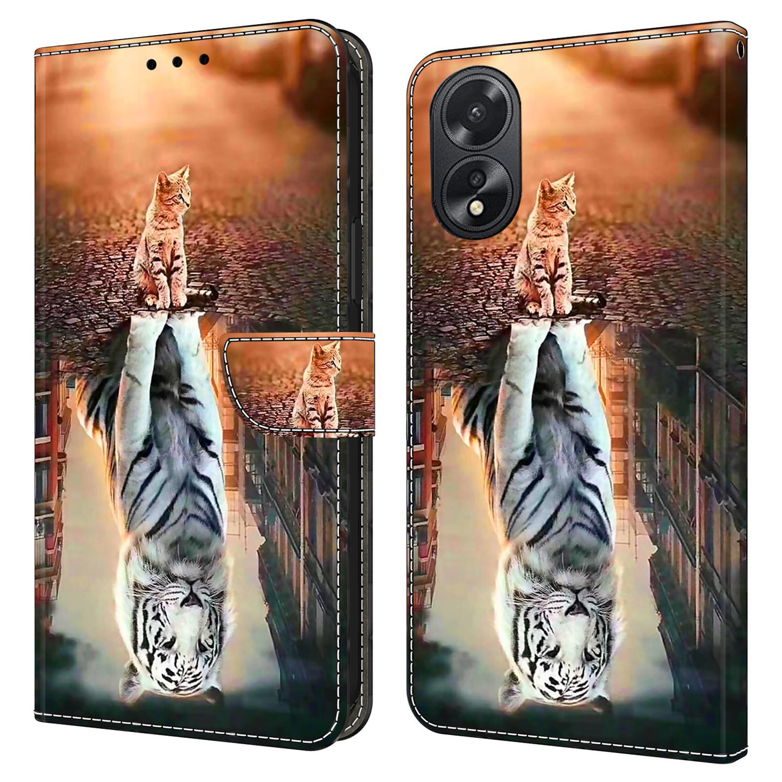 

For Oppo A38 4G/A18 4G Leather Phone Case 3D Pattern Magnetic Closure Folio Cover Cat and Tiger
