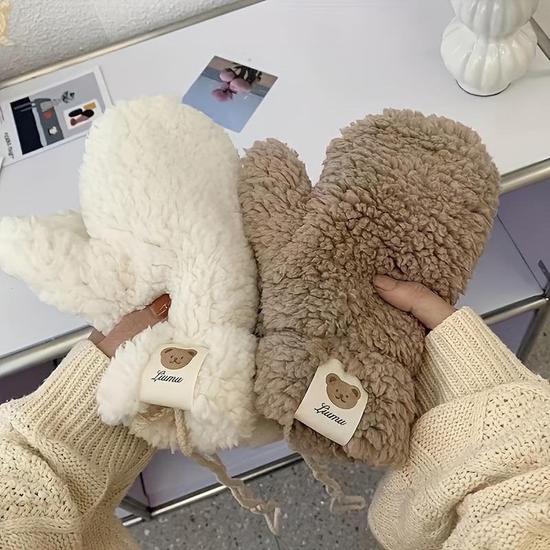Winter Cashmere Knitted Bear Mittens - Cozy Fleece Lined Warm Gloves, Decorative Cute Animal Pattern
