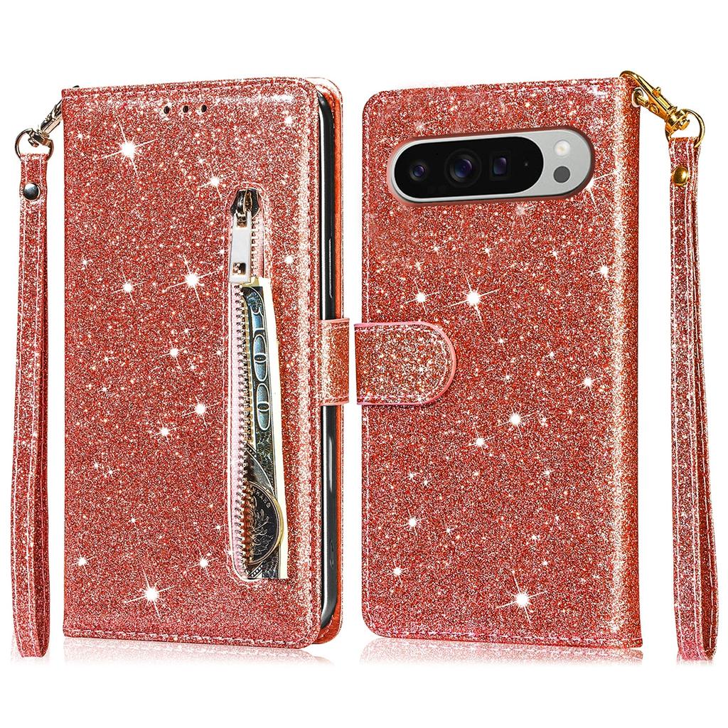 For Google Pixel 9 Pro XL Stand Case Glitter Phone Leather Cover Zipper Pocket