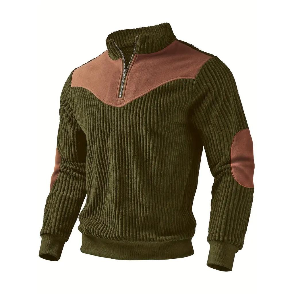 Vintage Patchwork Corduroy Sweatshirt for Men Stand Collar Casual Loose Pullover Half Zipper Hoodie Man
