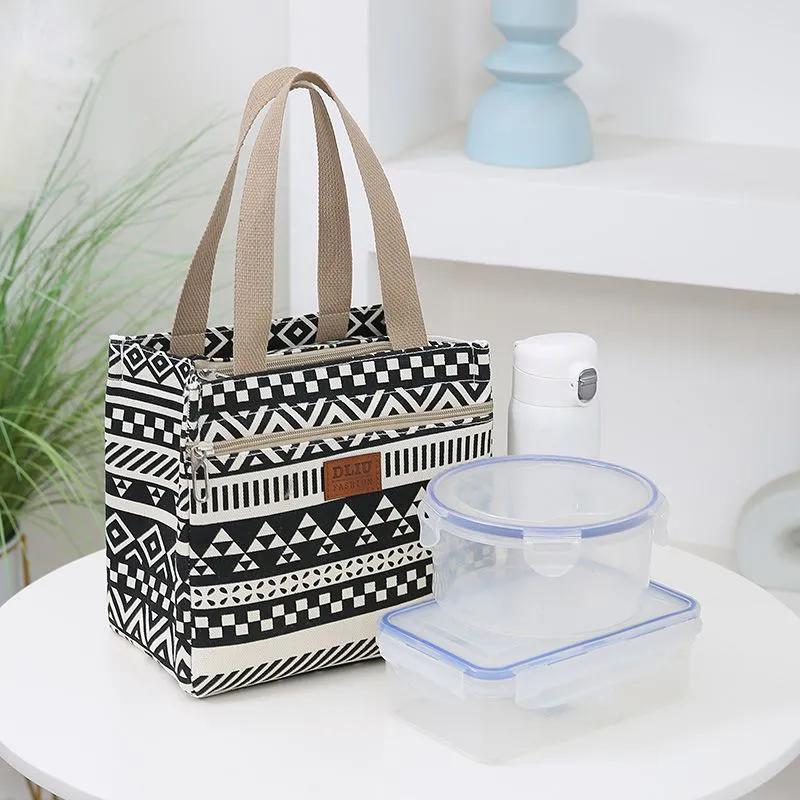 WTEMPO Canvas Lunch Box Handbags Aluminum Foil Insulated Work Hand-carried Lunch Bag Ethnic Style Retro Mommy Bags