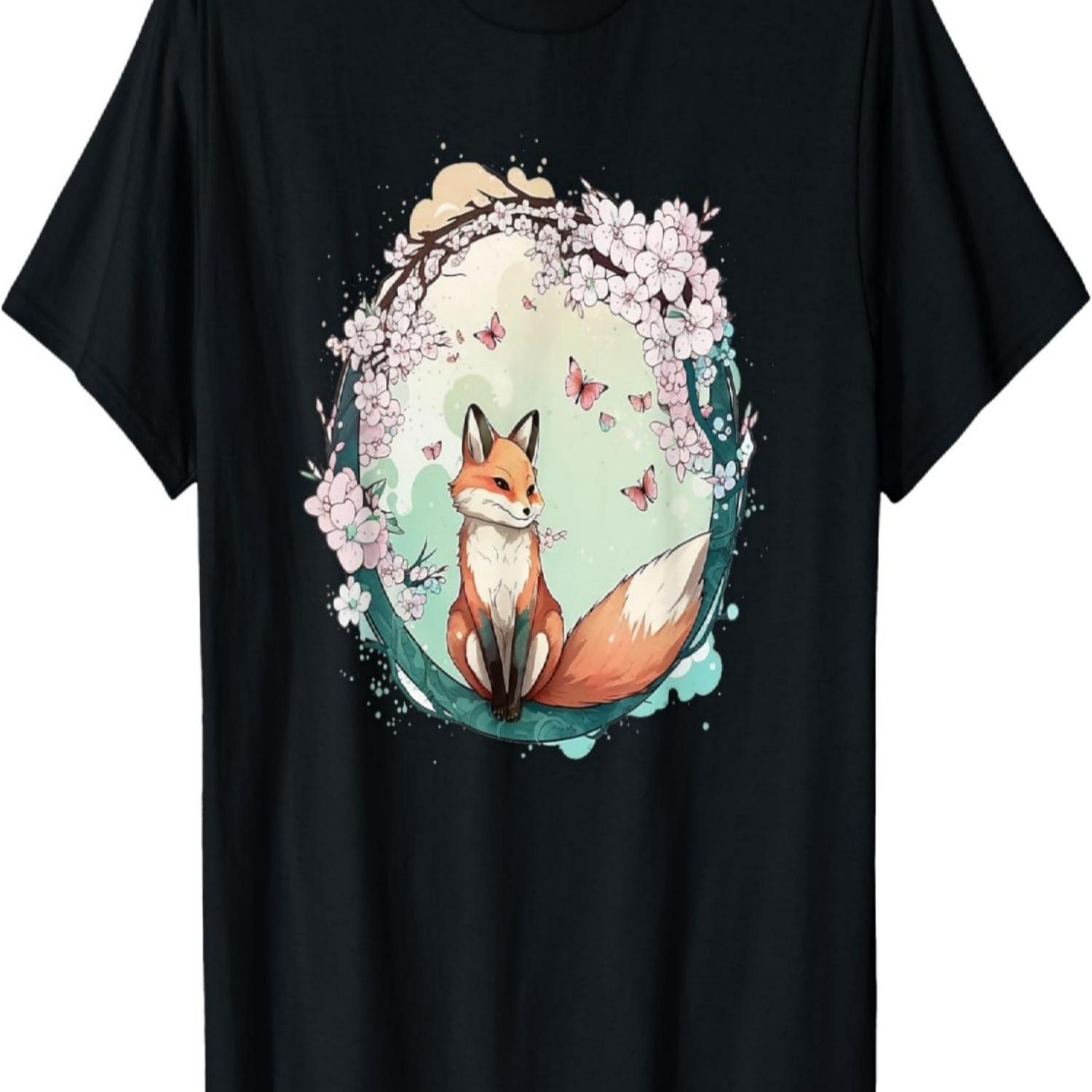 Fox Butterfly Cherry Blossom T-Shirt S