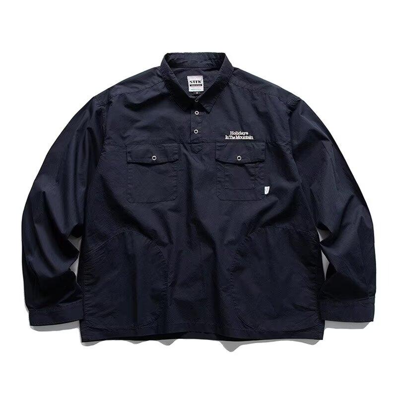 Japanisches Retro Einfaches Buchstabenbesticktes Hemd Herren Langarm Revers Mehrfach-Taschen Freizeit Hemd Frühling und Herbst Mantel