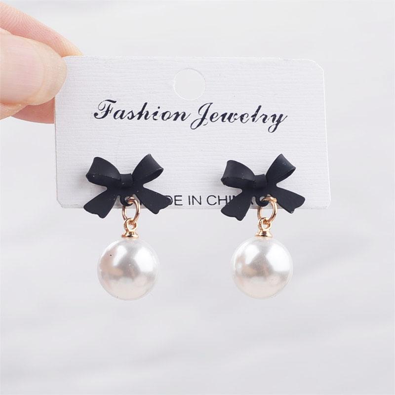 Black Red Bowknot Elegant Hanging Earrings Imitation Pearl Ball Pendants Korean Fashion Sweet Small Earrings Brincos 2025 New