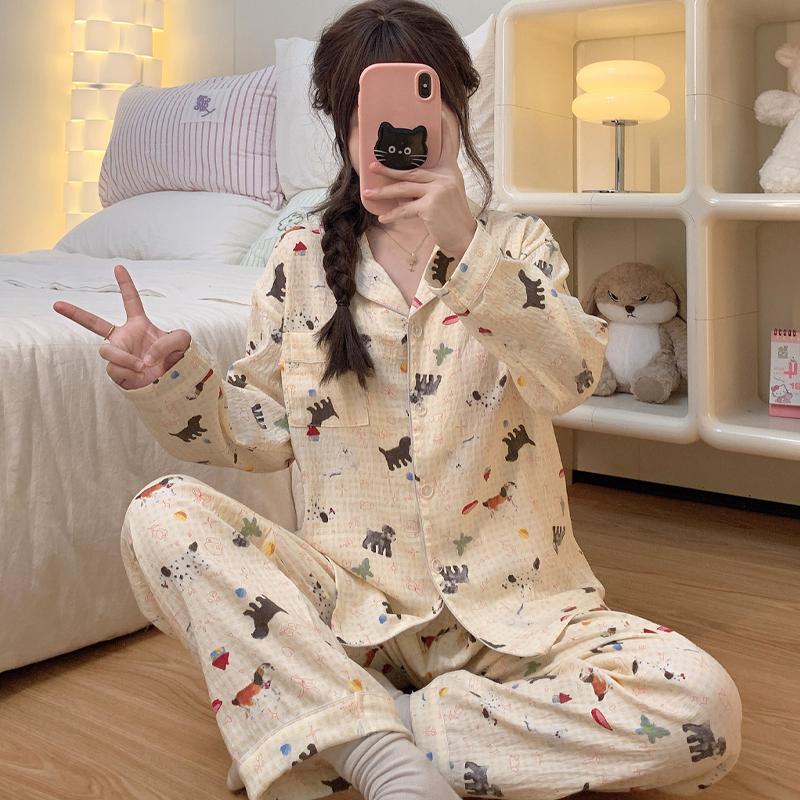 Style Dog Print Women's Pajamas Set  Autumn Winter Women's Sleepwear Sweet Cute Casual Nightwear