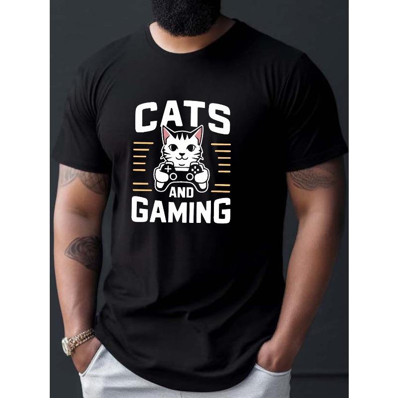 

European sizes Cartoon Cat Holding Game Controller Pattern Print Short Sleeve T-shirt For Men, Casual Crew Neck Top, Comfy Summer Clothing 4XL