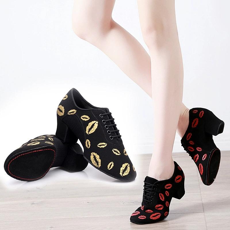 Lip Print Latin Dance Shoes Women Oxford NET Cha Cha Dance Shoes Ballroom Dancing Shoes Mesh Sneakers Canvas Square Shoe Woman