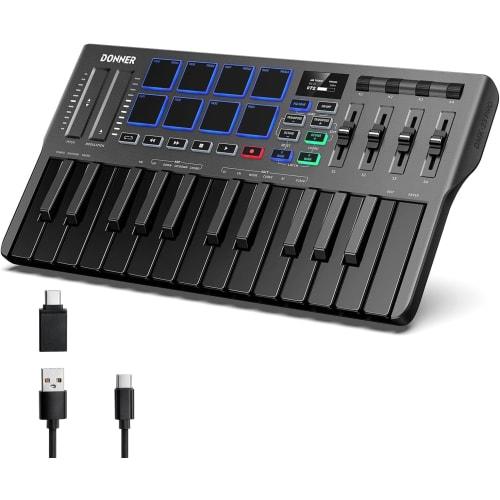 Donner DMK-25 PRO USB MIDI Keyboard Controller, 25 Keys, Velocity Sensitive, Touch Sliders, OLED Screen, Backlit Pads, Music Production, Mac/PC Compat