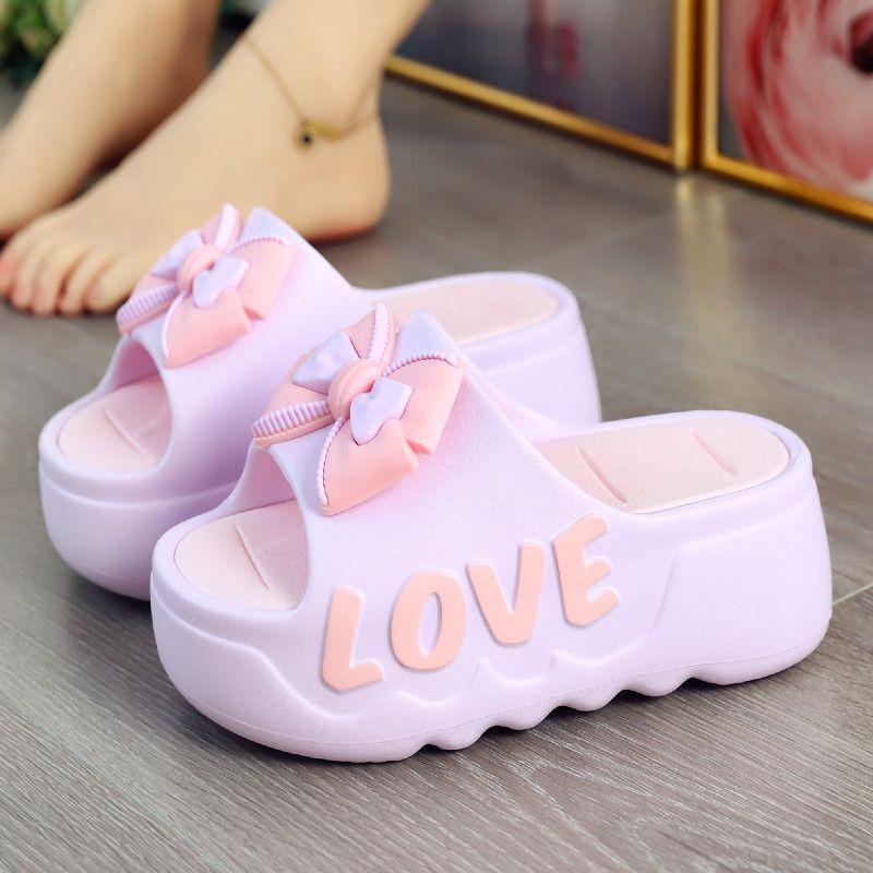 Fashion New pink flower high heel slipper women's outdoor slides sweet backless beach shoes woman flat platform mules elevator slippers