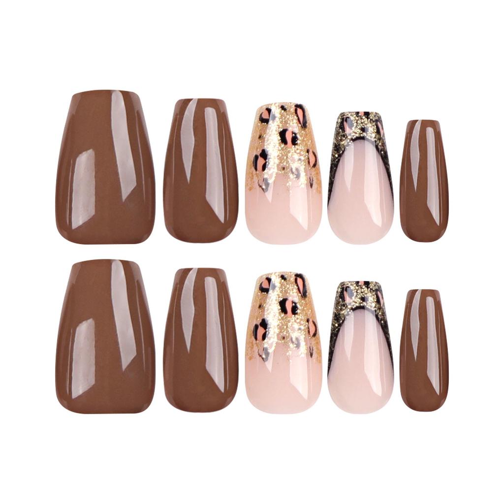 Autumn Brown Leopard Print Ballet Shape Nail Stickers with Gold Glitter